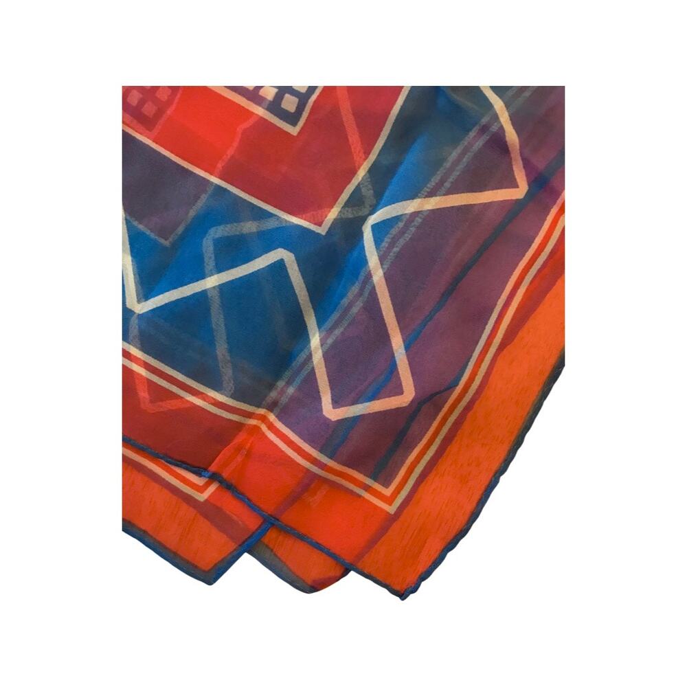 Vintage Sheer Blue and Red Scarf, Light Weight Thin Neck Scarf - Picture 4 of 7